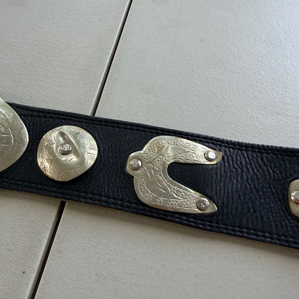 Vintage 1980s Black Genuine Leather Moroccan Concho Waist Belt Wide Silver Tone - Picture 10 of 15
